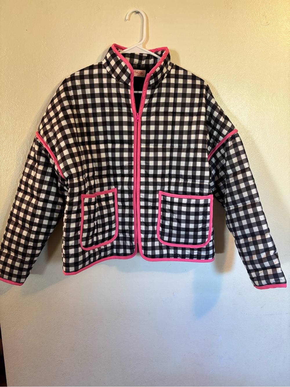 Pink Lily Black & White Gingham Puffer Jacket with Pink Trim